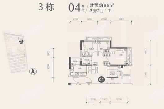 越秀 滨江·盛悦3栋04户型86㎡ 3室2厅1卫1厨
