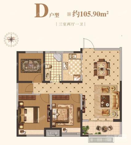 105.9M²/3室2厅1卫 2-2# D户型