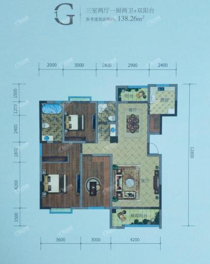 G1户型-三房两厅一厨两卫双阳台-138.26㎡