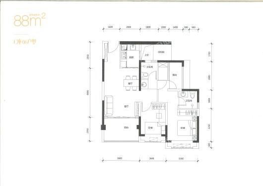 鸿荣源·壹成中心花园3区C座06户型 88平 3室2厅2卫1厨
