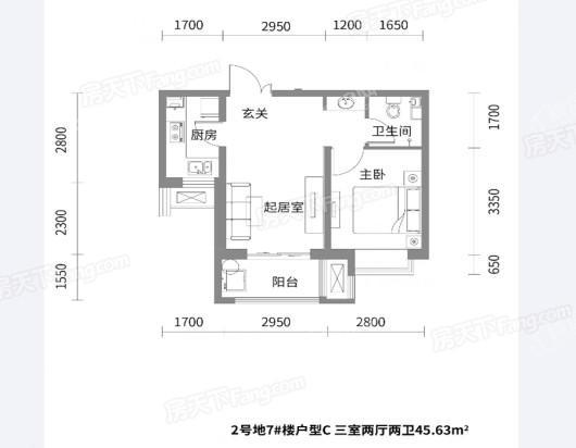 紫晶悦和中心2#地7#C户型45㎡ 1室1厅1卫1厨