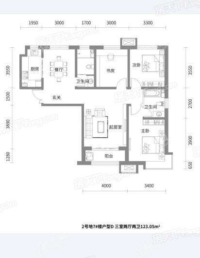 紫晶悦和中心2#地7#D户型123㎡ 3室2厅2卫1厨