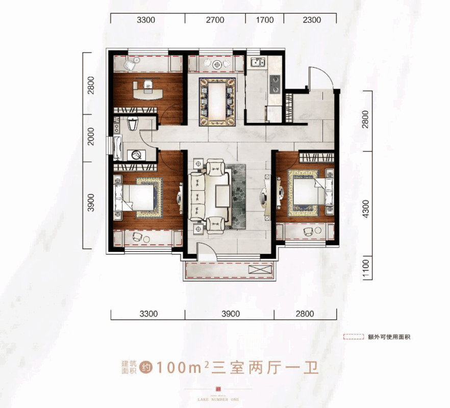 御湖壹号100平米三室两厅一卫