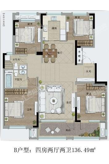恒信绿城·春风江南B户型：四房两厅两卫136.49㎡ 4室2厅2卫1厨