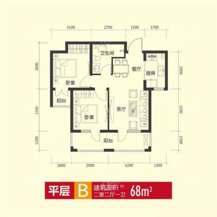 悦泰山里 B户型 平层 ,2室2厅,68平米