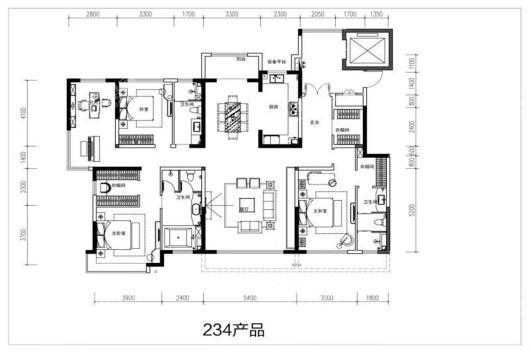 天山国府壹號234平四室户型 4室2厅2卫1厨