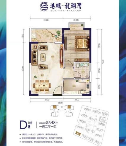 D1幢建面约55.48㎡一房两厅