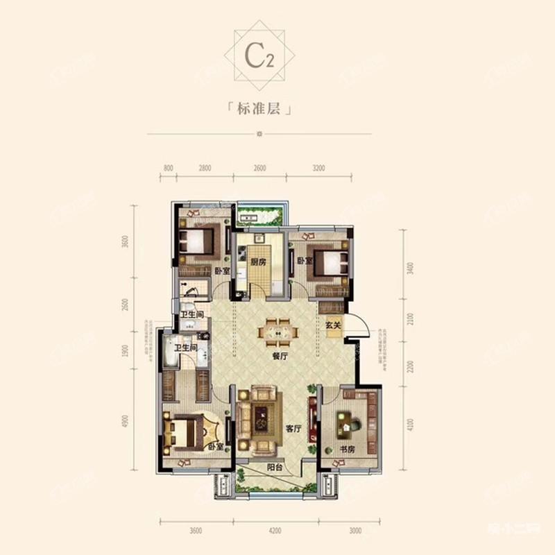 129平4室2厅2卫户型图 