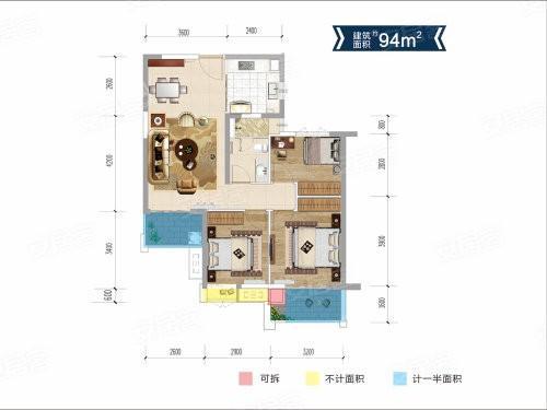 94㎡户型， 3室2厅1卫1厨， 建筑面积约94.00平米.