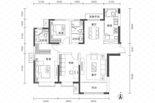 银河国际居住区三期B2户型 3室2厅2卫1厨