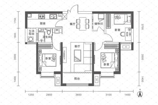 银河国际居住区三期C户型 3室2厅1卫1厨