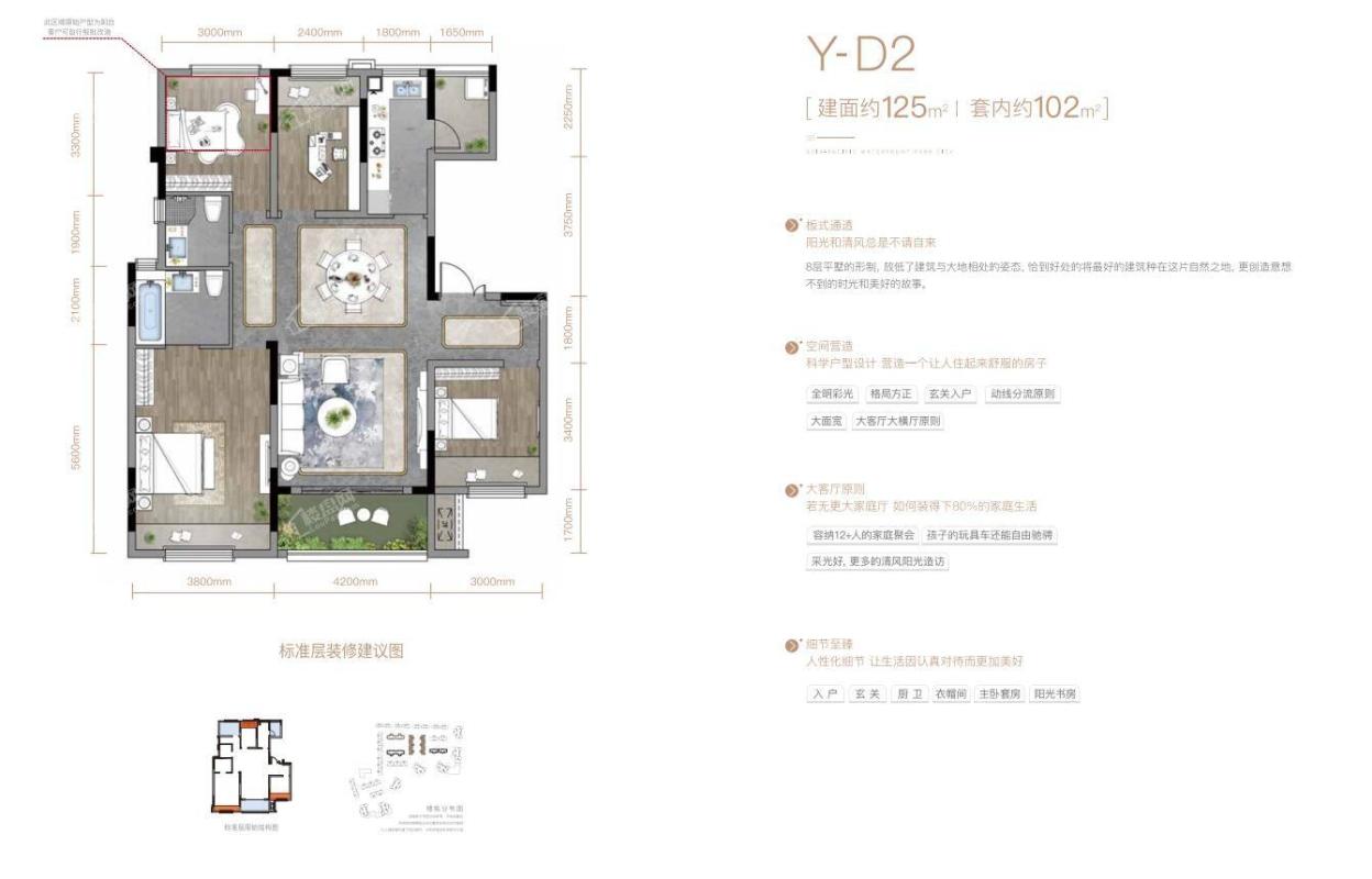 千江府Y-D2平墅，4室2厅2卫，建筑面积约125.00平米