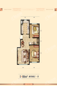 豪邦四季经典荣域88平米B户型图 2室2厅1卫1厨