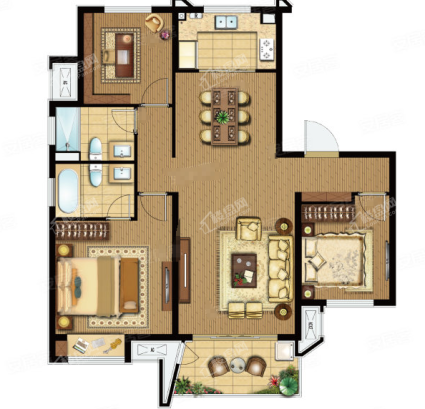 B2户型， 3室2厅2卫1厨， 建筑面积约122.00平米