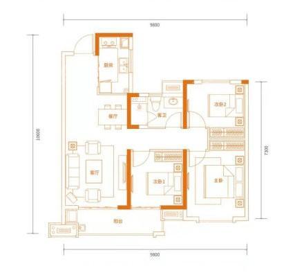 A户型， 3室2厅1卫1厨， 建筑面积约95.00平米