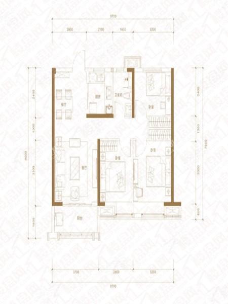 B户型， 3室2厅1卫1厨， 建筑面积约96.00平米