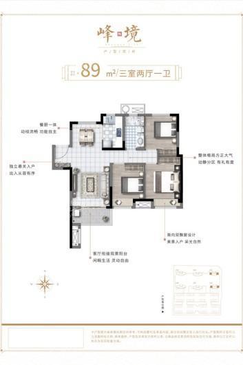 新浦西孔雀城·云樾东方峰境89㎡户型 3室2厅1卫1厨