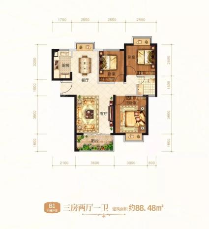 花禾里35#B1户型建面约88.48㎡三房两厅