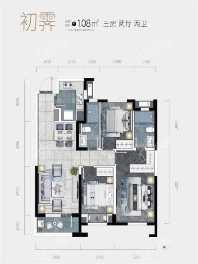 108㎡户型， 3室2厅2卫1厨， 建筑面积约108.00平米