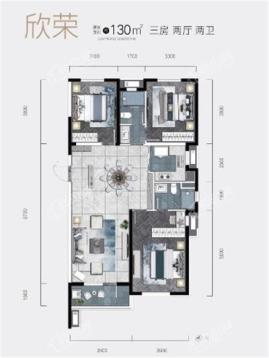130㎡户型， 3室2厅2卫1厨， 建筑面积约130.00平米