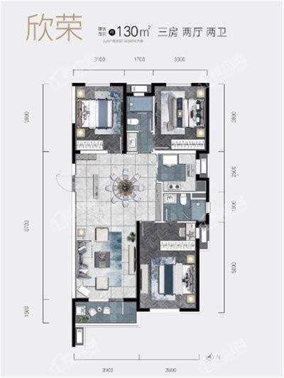 130㎡户型， 3室2厅2卫1厨， 建筑面积约130.00平米