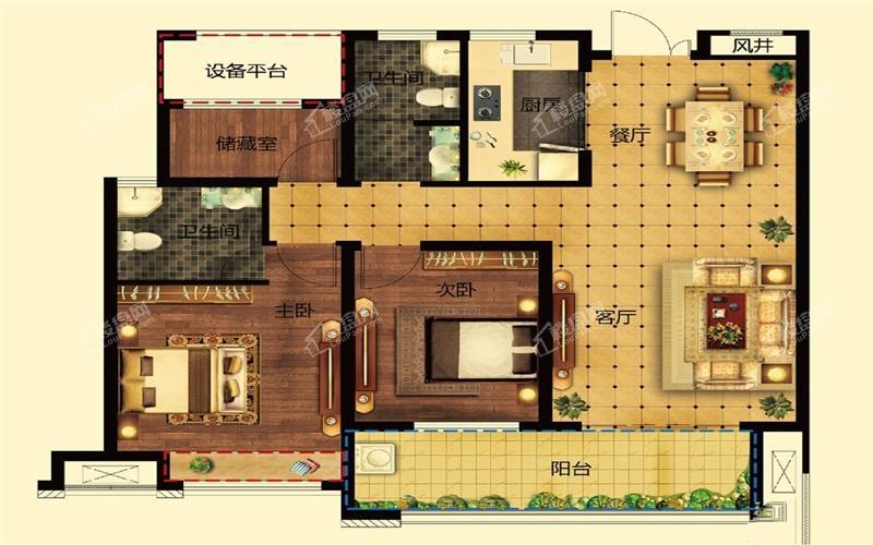 D2户型 107.43m² 三室两厅两卫