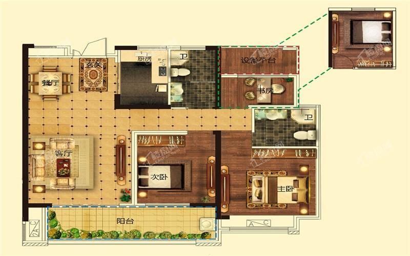 F2户型 107.56m² 三室两厅一卫