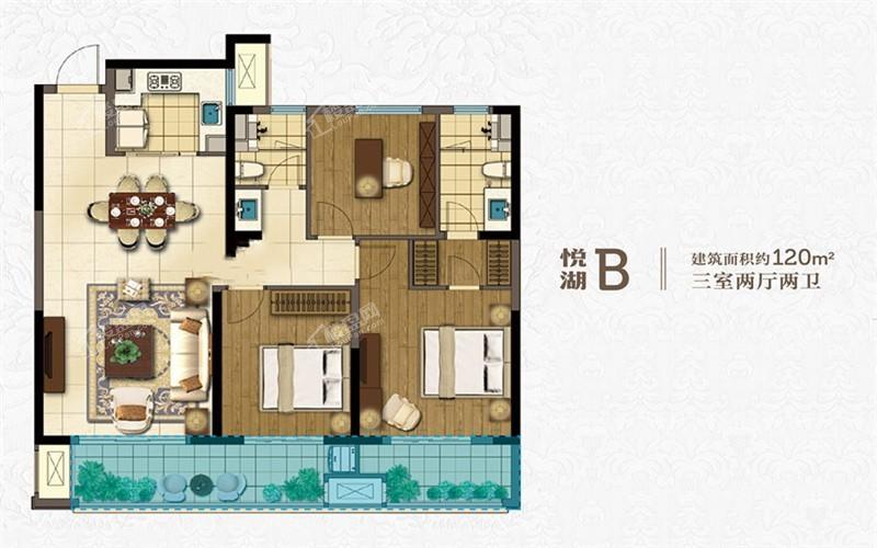 悦湖B 120m² 三室两厅两卫