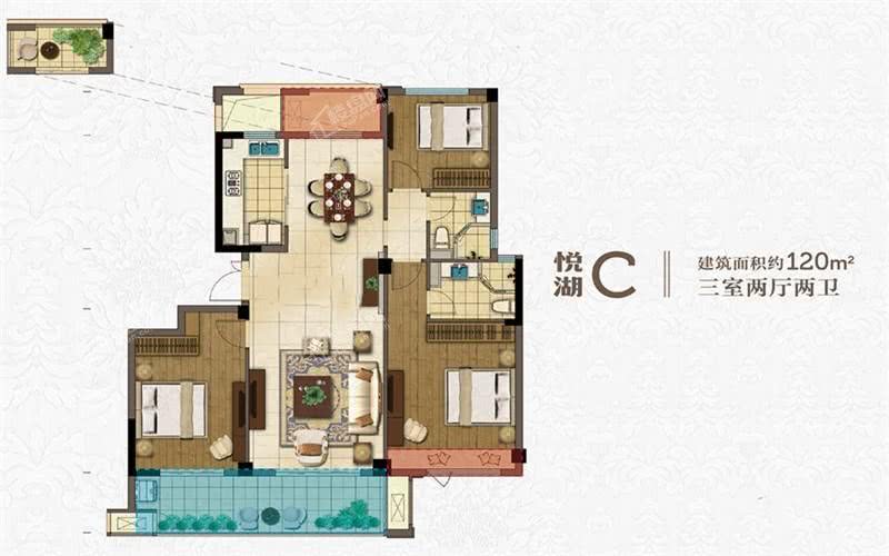 悦湖C 120m² 三室两厅两卫