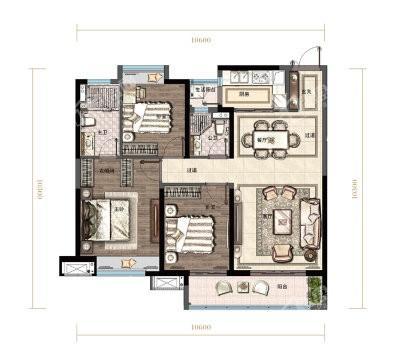 B户型， 3室2厅2卫1厨， 建筑面积约125.00平米