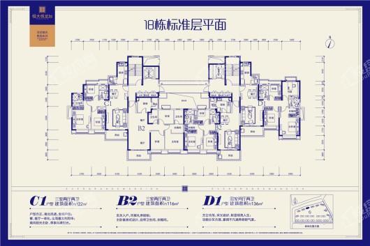 长兴恒大悦龙台18栋C1户型 3室2厅2卫1厨