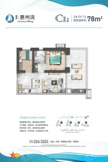 泰禾惠州湾C1户型78平 2室2厅1卫1厨