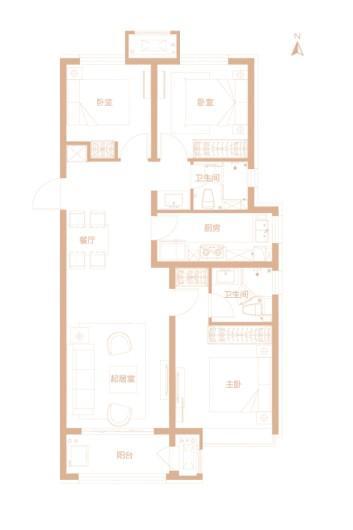 曹妃甸富力城107#110#标准层C4户型 3室2厅2卫1厨