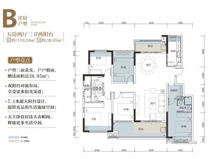 洋房B户型 五房两厅三卫两阳台 119.24㎡ 赠送38.95㎡