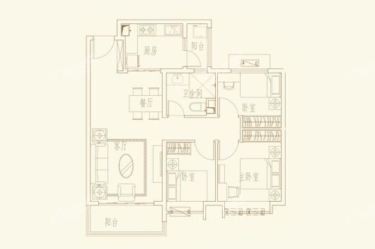 济宁恒大御峰107.32平户型 3室2厅1卫1厨