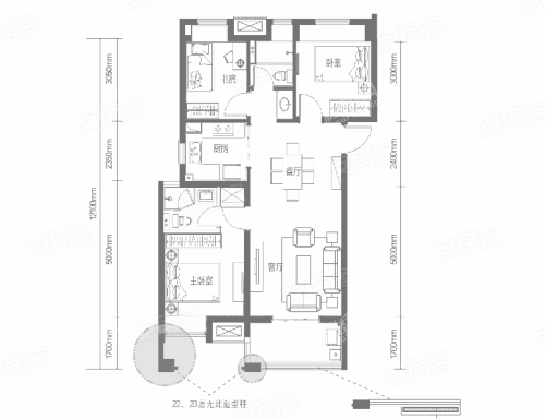 A9户型， 3室2厅2卫1厨， 建筑面积约97.19平米