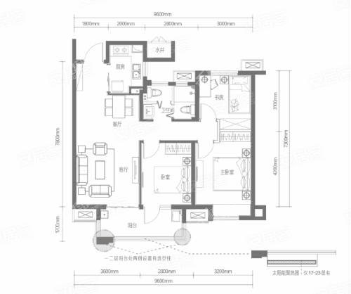 B9户型， 3室2厅1卫1厨， 建筑面积约99.51平米