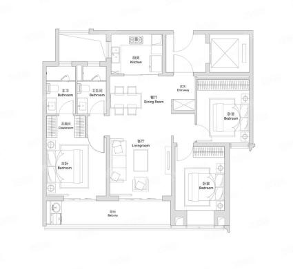 C2户型 3室2厅2卫 约128m²