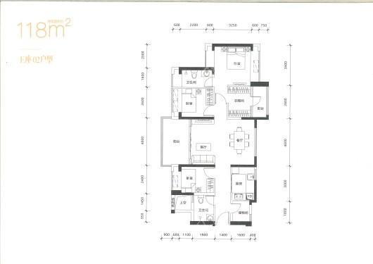鸿荣源·壹成中心花园3区E座02户型 118平 4室2厅2卫1厨