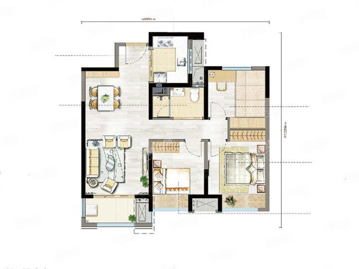  3室2厅1卫1厨 建筑面积约90.00平米