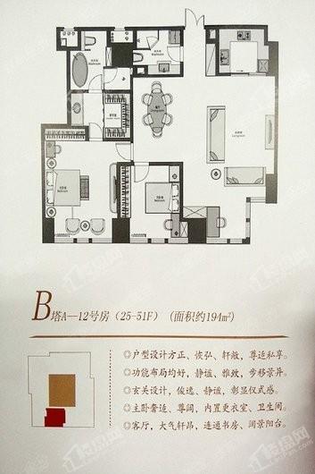 中铁青岛中心B塔A-12户型194平 2室2厅2卫1厨