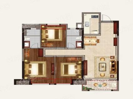 108㎡户型， 3室2厅2卫1厨， 建筑面积约108.00平米