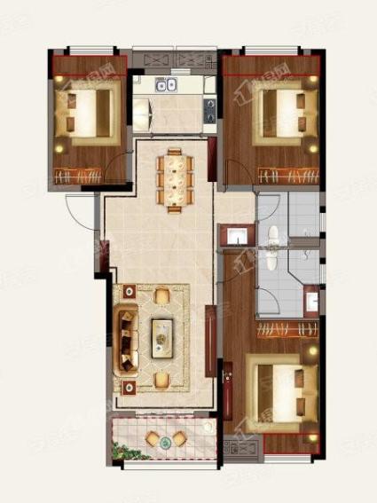 119㎡户型， 3室2厅2卫1厨， 建筑面积约119.00平米