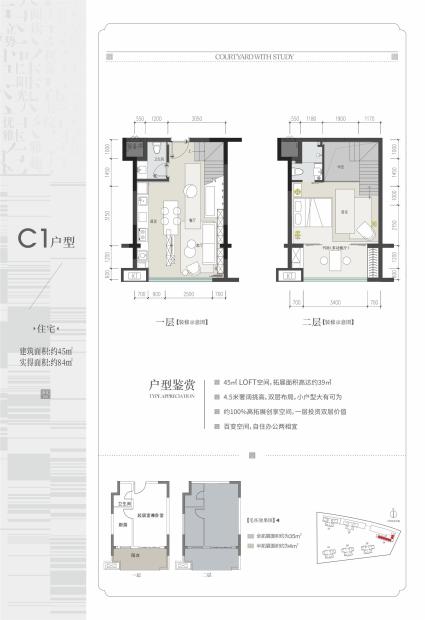 阳光书院C1户型2室1厅2卫45㎡