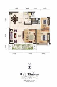 佳阳大都府建面约91.38平米户型 3室2厅1卫1厨