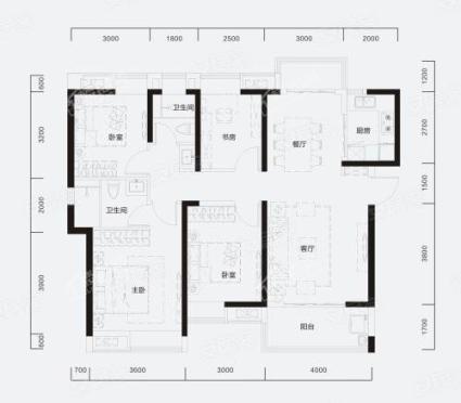 D-2户型， 4室2厅2卫1厨， 建筑面积约141.00平米