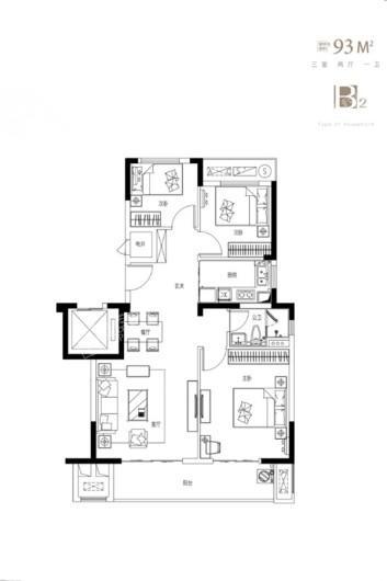海伦堡·文星花苑约93㎡户型 3室2厅1卫1厨