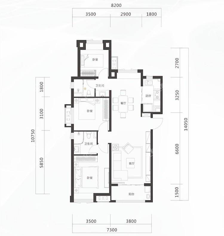 3C户型-3室2厅2卫1厨- 建筑面积约117.00平米