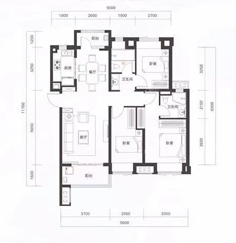 3D户型-3室2厅2卫1厨-建筑面积约116.00平米