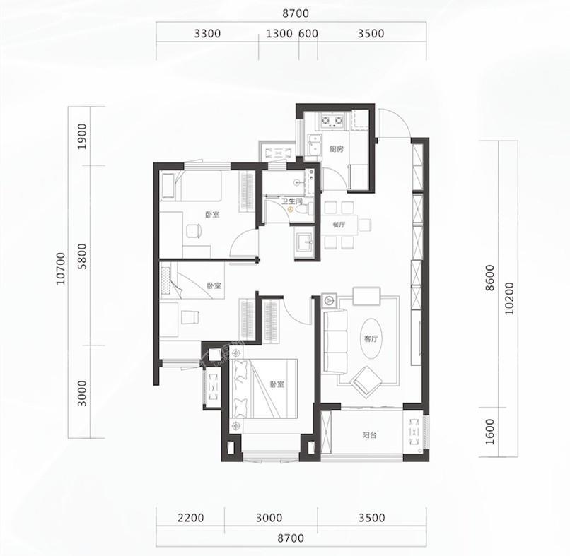 3A户型-3室2厅1卫1厨-建筑面积约99.00平米